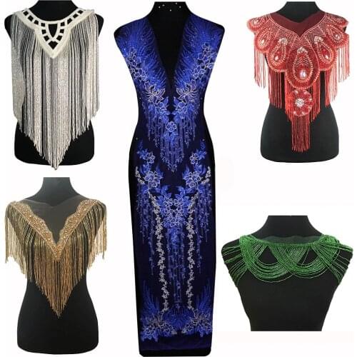 Handmade Beads Fringe Patch Bodice Applique Rhinestones Stone Patches Evening Dress Clothes Mesh Applique 1pc TH2838