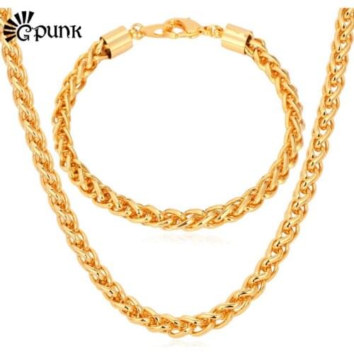 Men Jewelry Sets Wheat Chain Jewelry High Quality yellow Gold//Rose Gold color Chunky Necklace Bracelet Jewelry S751G