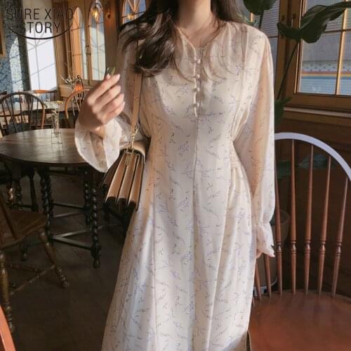 Elegant long Sleeve V-Neck High Female Chiffon Women Dress 2021 New Spring Autumn Printed Floral Elastic Waist Dresses 10255