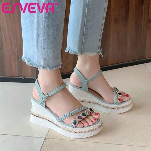 ESVEVA 2021 Genuine Leather Elegant Pumps Back Strap Buckle Slingback Summer Women Shoes Round Toe Crystal Sandals Size 34-42