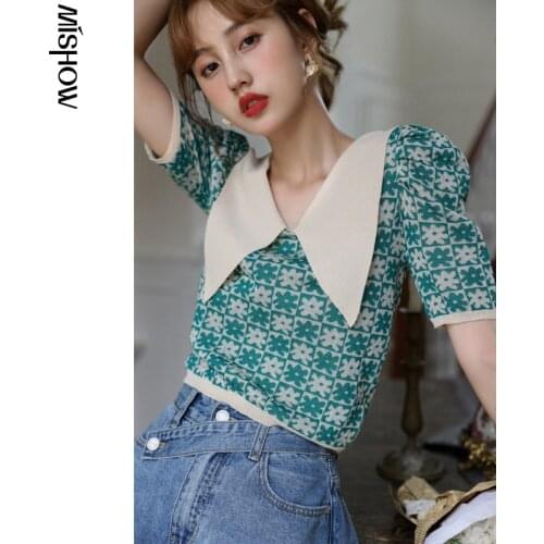 MISHOW T-Shirt For Women Short Sleeve Thin Knitted 2021 Summer Korean Style Slim Vintage Harajuku Female Crop Tops MXA27Z0019