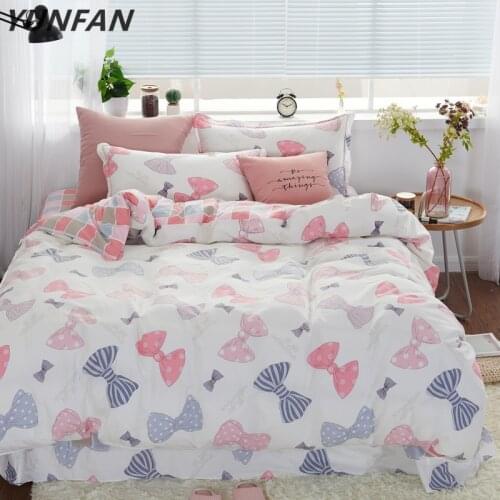 New pink bowknot plaid brief Beddingsets 100% Cotton bed linen duvet cover pillowcase twin queen king Lovely girl bedclothes