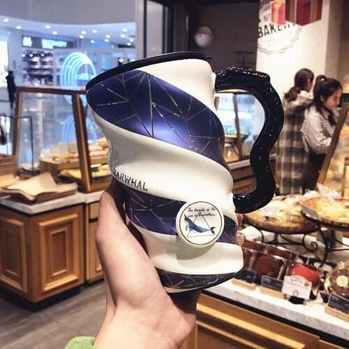Creative blue large-capacity mug ceramic coffee cup with lid spoon Korean female student home drinking cup