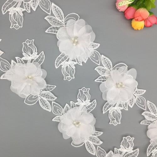 12x Pearl 3D Flower 9x12cm Embroidered Leaf Lace Trim Ribbon Dress DIY Fabric Wedding Garment Sewing Craft Accessories