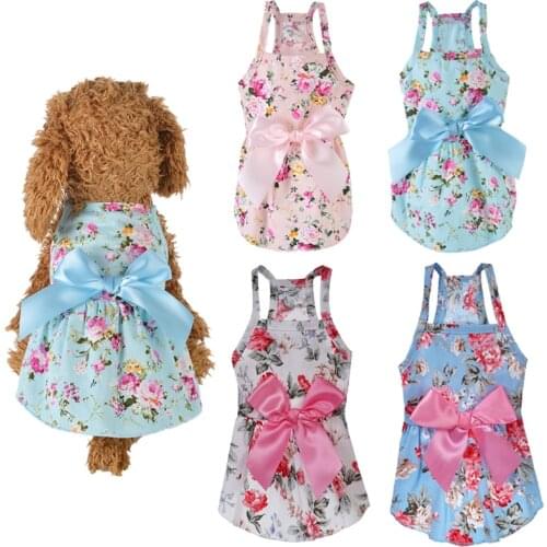 Summer Dog Skirt Bowknot Shirt Dog Dress Cotton Sling Clothes Birthday Small Pup Breathable Cool Dress