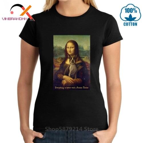 Mona Lisa Tshirt woman 2020 Hot Sale Retro Mona Lisa With Boston Terrier Dog T-Shirt Streetwear Graphic Hiphop Casual Clothes