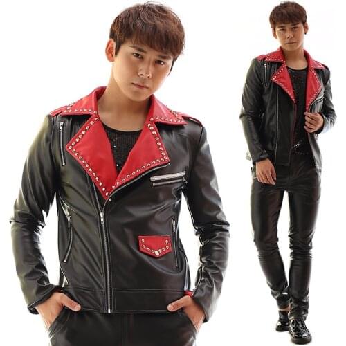 2016 new fashion Male Rivets Patchwork Leather Jacket outerwear party show stage performance wear costume