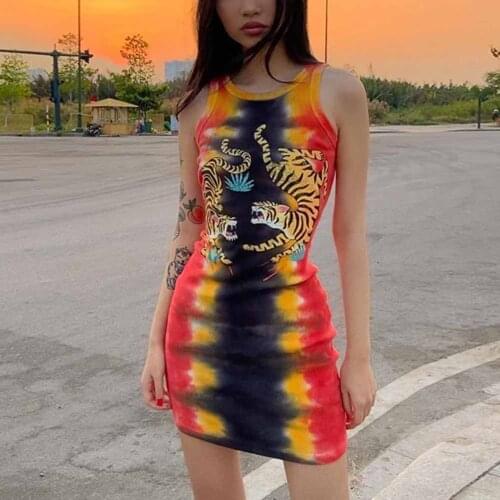 Y2k Dress Punk Tie Dye Sleeveless Graphic Mini Dress Ribbed O-neck Tiger Printed Bodycon Party Dress E Girl Rave Summer Dresses