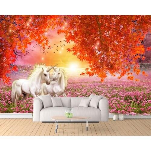Custom Wallpaper Home Decorative Background Maple Leaves White Horse Unicorn TV Background wallpaper for walls 3 d beibehang
