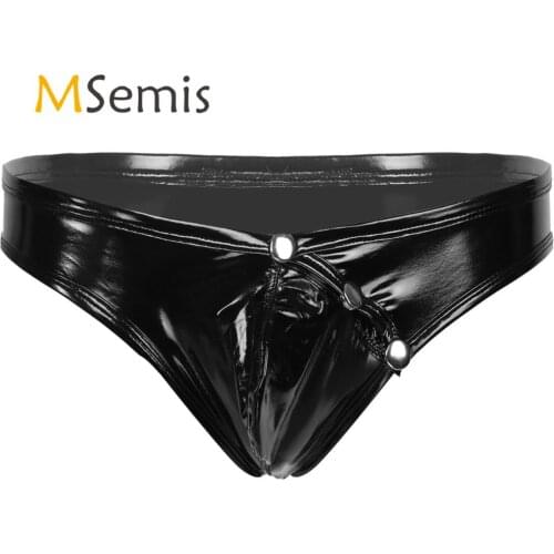 Sexy Triangle Briefs Metallic Look Faux Patent Leather Underwear Mens Erotic Sexy Panties Lingerie Front Button Underpants