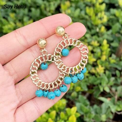 SAY HELLO Boho Fashion Small Stone Round Turquoises Dangle Earrings for Women Metal Circle Drop Earrings Jewelry Brincos B0409