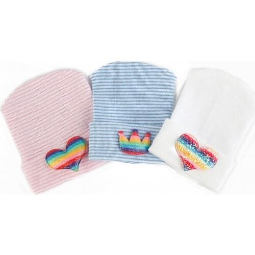 Infant Beanies Shiny Crown Love Print Striped Kids Casual Soft Hats Solid Color Winter Warm Newborn Elastic Toddler Skull Cap