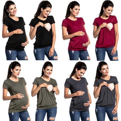 Womens Short Sleeve Pure Colour Tops Breastfeeding Nusring Maternity Clothes Pregnant Blouse Maternity Clothes