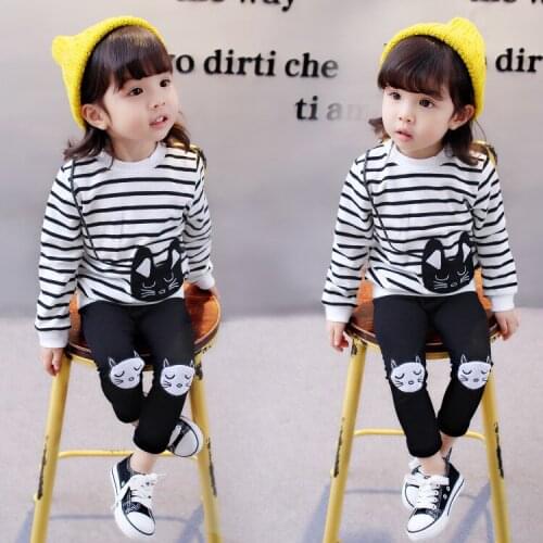 2017 Girl Spring Fall Clothes Set Kids Girls Cute Cat Striped Shirts Dress+Leggings 2pcs Clothing Sets Children Cotton Suits