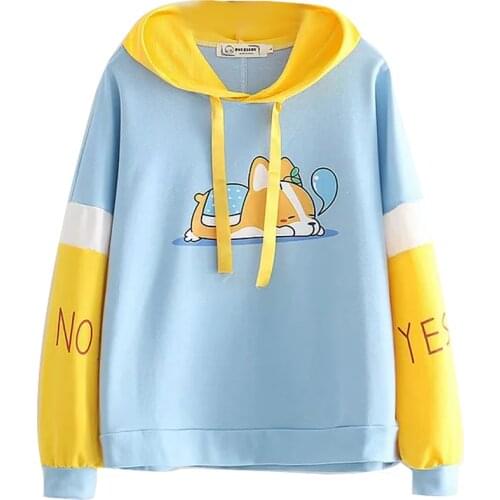 XUANHAO Kawaii Sweatshirt Women Pullovers Tops Autumn New Cartoon Animal Dog Hooded Sweatshirts Harajuku Corgi Female Hoody