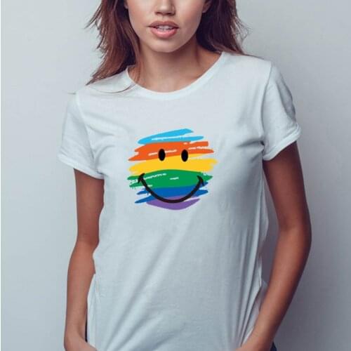 2021 Hot Sale Rainbow Print Women Fashion Summer O-neck Tshirt Smile Graphic Loose Casual Unisex 100% Cotton Streetwear Tops