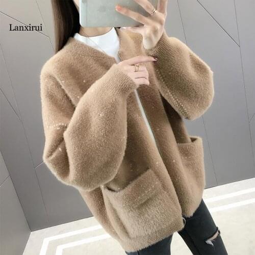Women Autumn Winter New Elegant Solid Faux Mink Fur Coat Female Korean Style Fashion Zipper Knitted Sweater Outerwear