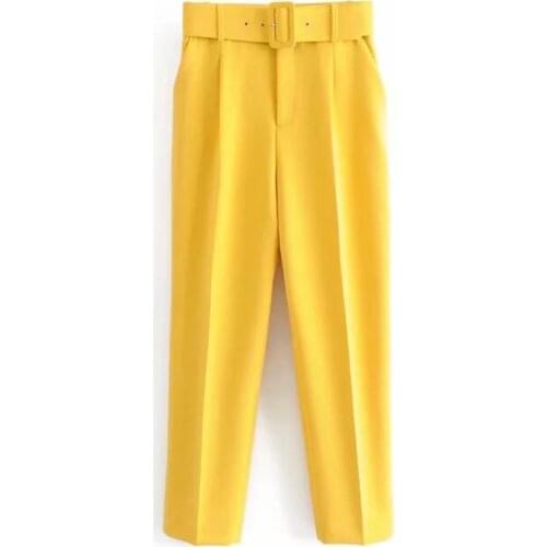 2021 New Belted Suit Pants High Waist Causal Pink Yellow Harem Pants women Trousers solid color
