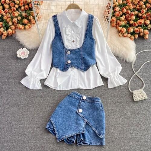 Amolapha Women Denim Suit 2021 New Ruffles Turn-down Collar Loose Shirts+Vests+Jeans Shorts Design Fringe 3- Piece Clothing Sets
