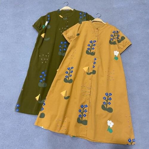 Johnature Summer New Print Women Dresses 2021 Vintage Casual O-neck Loose Short Sleeve Single-breasted Female Dress