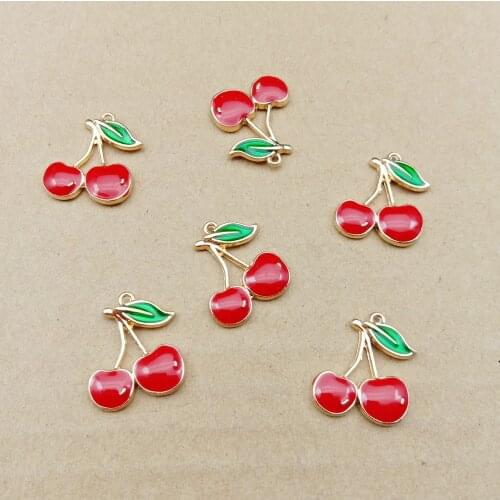 10pcs/pack 16*19mm Cherry Enamel Charm Pendant Jewelry Findings Fashion Fruit Charms Handmade Necklace Accessories