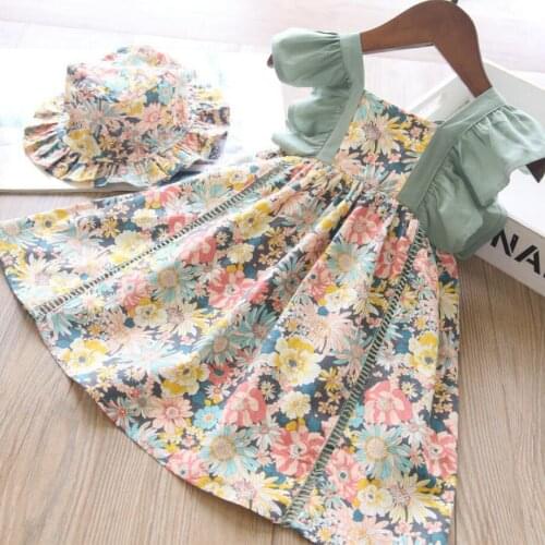 2021 Summer Girls Floral Dress Fashion Baby Girl Condole Belt Princess Dress + Hat For 3-8 Years Kids Clothes