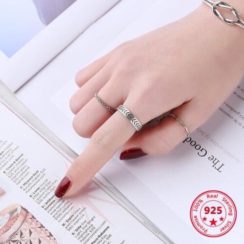 925 Sterling Silver Simple European American Retro Vintage Leaf Open Rings Women Jewelry