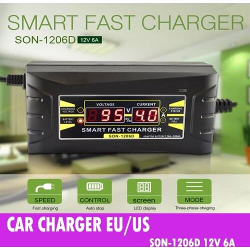 Automatic Full Smart 12 V 6A Lead Acid Car Battery Charger LCD Display US EU Plug Smart Battery Quick Charger accessories