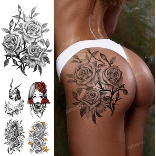 Sketch flowers black temporary tattoo stickers waterproof thigh arm body tattoo sleeve anime snake fox lion dark designs women
