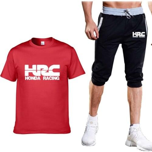 Summer Mens T-Shirt HRC race motorcycle Car Logo high quality Cotton casual Mens short sleeve+3/4 jogging shorts 2-piece set