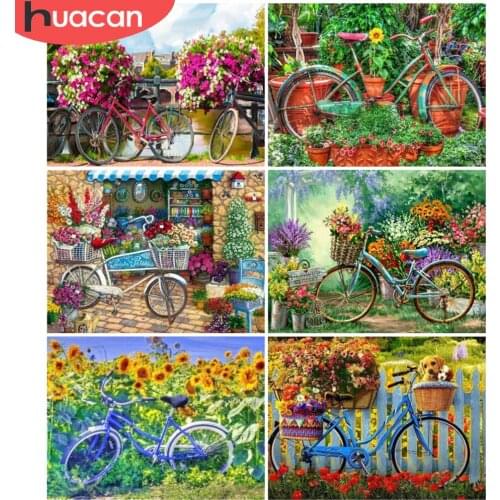 HUACAN Full Drill 5D Diamond Painting Bike Cross Stitch Home Decoration Diamond Mosaic Spring Landscape Wall Sticker