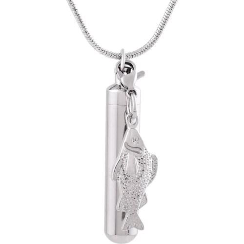 IJD9864 Stainless Steel Polish Cylinder With Fish Accessories Cremation Memorial Pendant for Ashes Urn Keepsake Souvenir Jewelry
