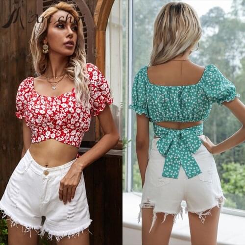 Summer Fashion Chiffon T-Shirts Women Ladies Casual Cross Bandage Crop Tops Short Puff Sleeves Sexy Female Navel Print Pullover