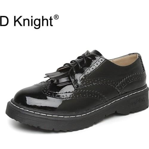 Fashion Tassel Lace Up Women Brogue Oxford Shoes Vintage Patent Carve Oxfords For Women Big Size 34-43 Ladies Casual Flat Shoes