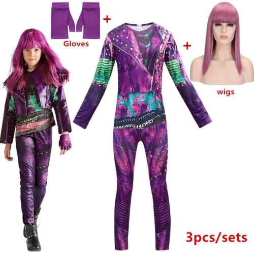 Descendants 3 Mal Bertha Maleficent Long Live Evil Straight Purple kids adult Cosplay Wig + Jumpsuits halloween costume for kids