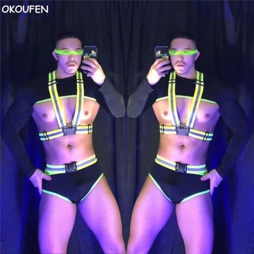 New Bar Ds Costumes Tide Nightclub Gogo Sexy Muscle Men Fluorescent straps black costumes stage Show Dance outfit