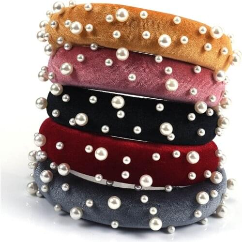 New Pearl Thick Velvet Headbands Vintage Head Band Lady Wide Soft Hairbands Women Autumn Wide Simulation Pearls Headwear
