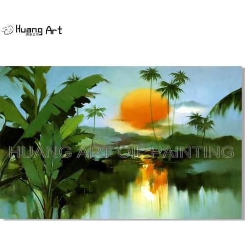 Excellent Artist Hand-painted High Quality Modern Sunrise Lake Scenery Oil Painting on Canvas Tree Landscape Painting for Decor