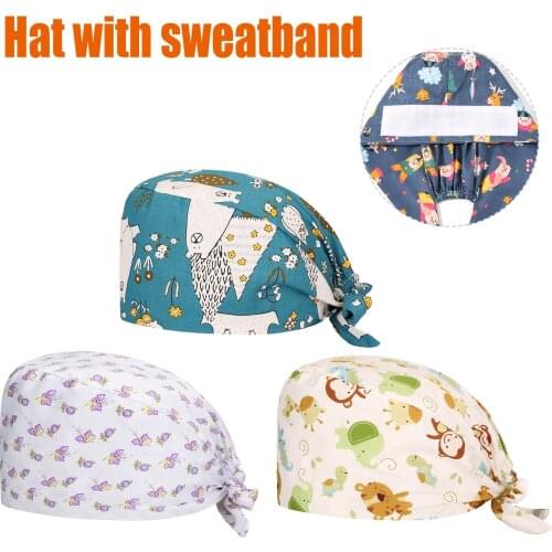 Adjustable Breathable Scrub Cap With Sweatband Stand-Ear Protection Hospital Beauty Salon Cartoon Print Nurse Working Hat A40