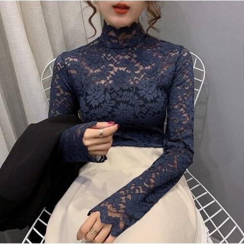 Female Slim Sexy Long-sleeved Lace Bottoming Shirt Autumn Womens Turtleneck All-match Tops Ladies With Long-sleeved T-shirts
