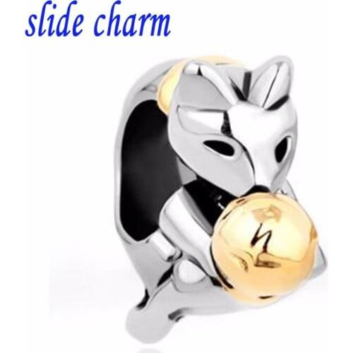 Slide charm Free shipping Childrens birthday gifts gilded balls and fox charm beads fit Pandora charm bracelets