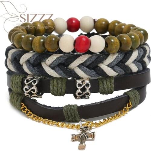 SIZZZ 2019 New beaded leather DIY three-piece set combination vintage weaving bracelet&bangles for women/men