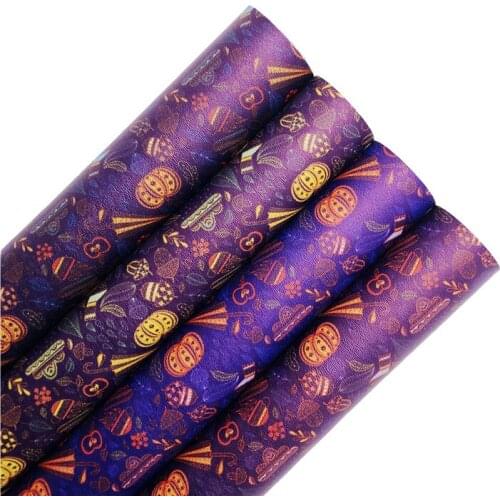 Autumn Harvest Pumpkins Printed Synthetic Faux Leather Vinly Fabric Sheets with Felt Backing For DIY Bows 21X29CM 6S121C