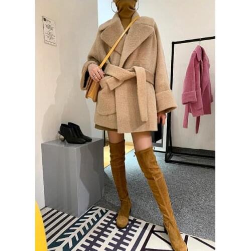 2020 high-end quaity alpaca luxury coat cashmere wool jacket with belt irregular designer chic pink/camel thick warm overcoat