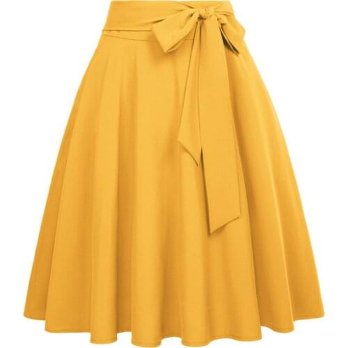 Women Solid Color High Waist skirts Self-Tie Bow-Knot Embellished big swing keen length elegant retro A-Line Skirt faldas mujer