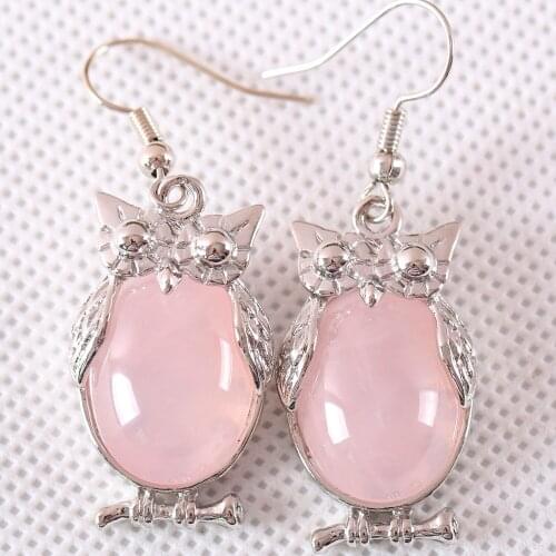 Jewelry Gift for Women Dangle Earrings Natural Gem Pink Crystal Oval CAB Cabochon 16x28MM Animal Owl Earring 1Pair U096
