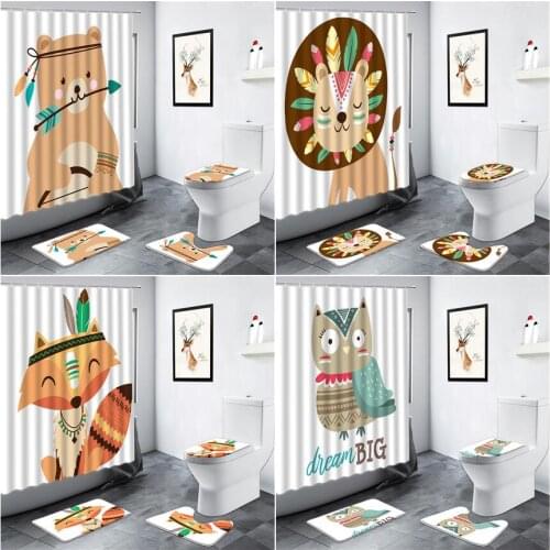 Cartoon Animals Children Bathroom Shower Curtain Bear Lion Fox Owl Indian Boho Style Toilet Decor Bath Mat Non-slip Mats Rug Set