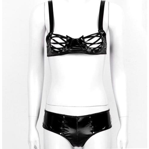 Womens Ladies Cocktail Clubwear Leather Exotic Lingerie Set Lace-up Cups Open Nipples Bra Top with Breifs Panties Sexy Shorts