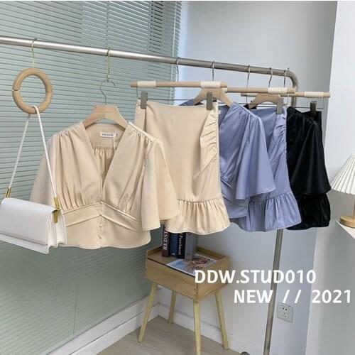 2021 New Summer 2 Piece Set Women Korean V-Neck Batwing Sleeve Thin Blouse + Skirt Mini Office Lady Suit Female Fashion Women
