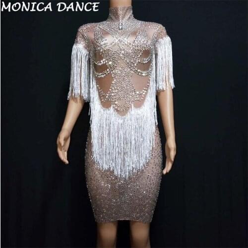 Women Sparkly Crystals Big Stretch Dress Womens Evening Party Wear Full Rhinestones Tassel Dress Prom Birthday Celebrate Dress
